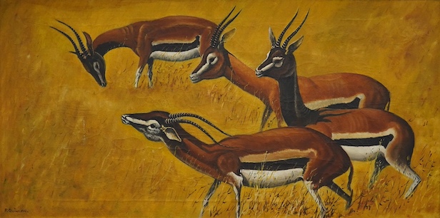 P. Quinlan (29th. C), oil on canvas, Gazelles, signed, 50 x 99cm. Condition - good, some minor scuffing